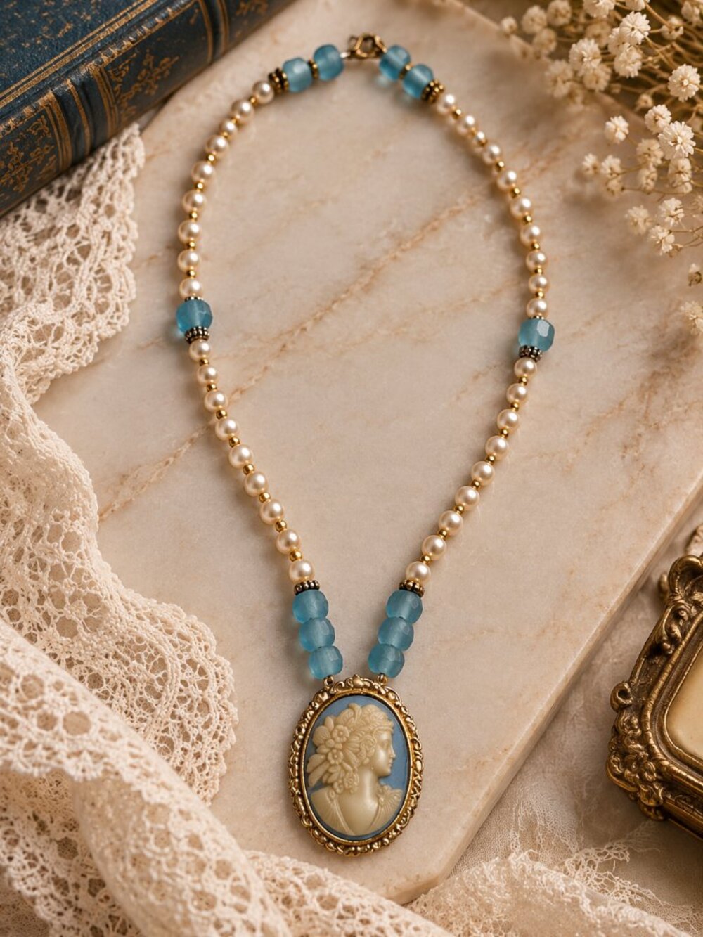 Vintage Cameo Pendant Necklace with Faux Pearls & Blue Beads